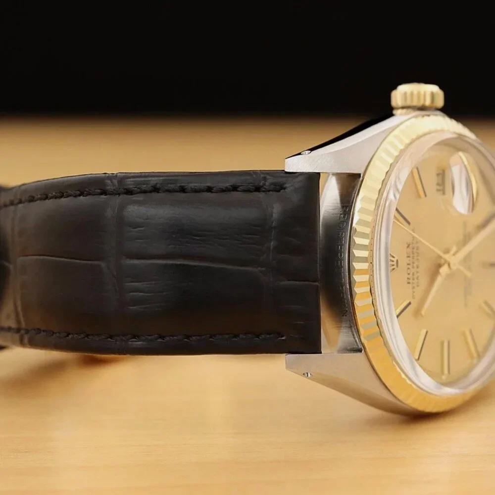 ROLEX DATEJUST 14K YELLOW GOLD STEEL CHAMPAGNE WATCH w/ BLACK LEATHER BAND